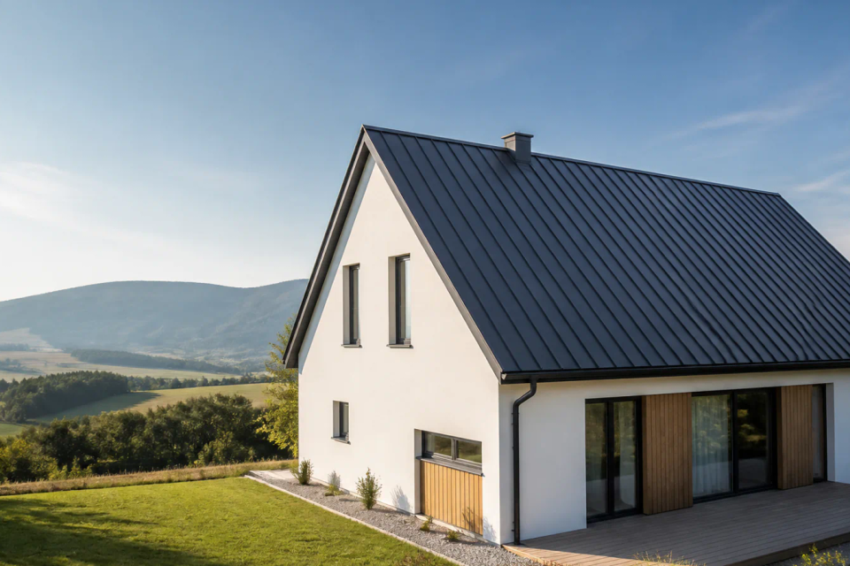 Dokončená tmavá strecha rodinného domu