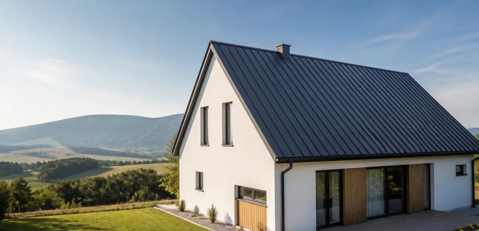 Dokončená tmavá strecha rodinného domu
